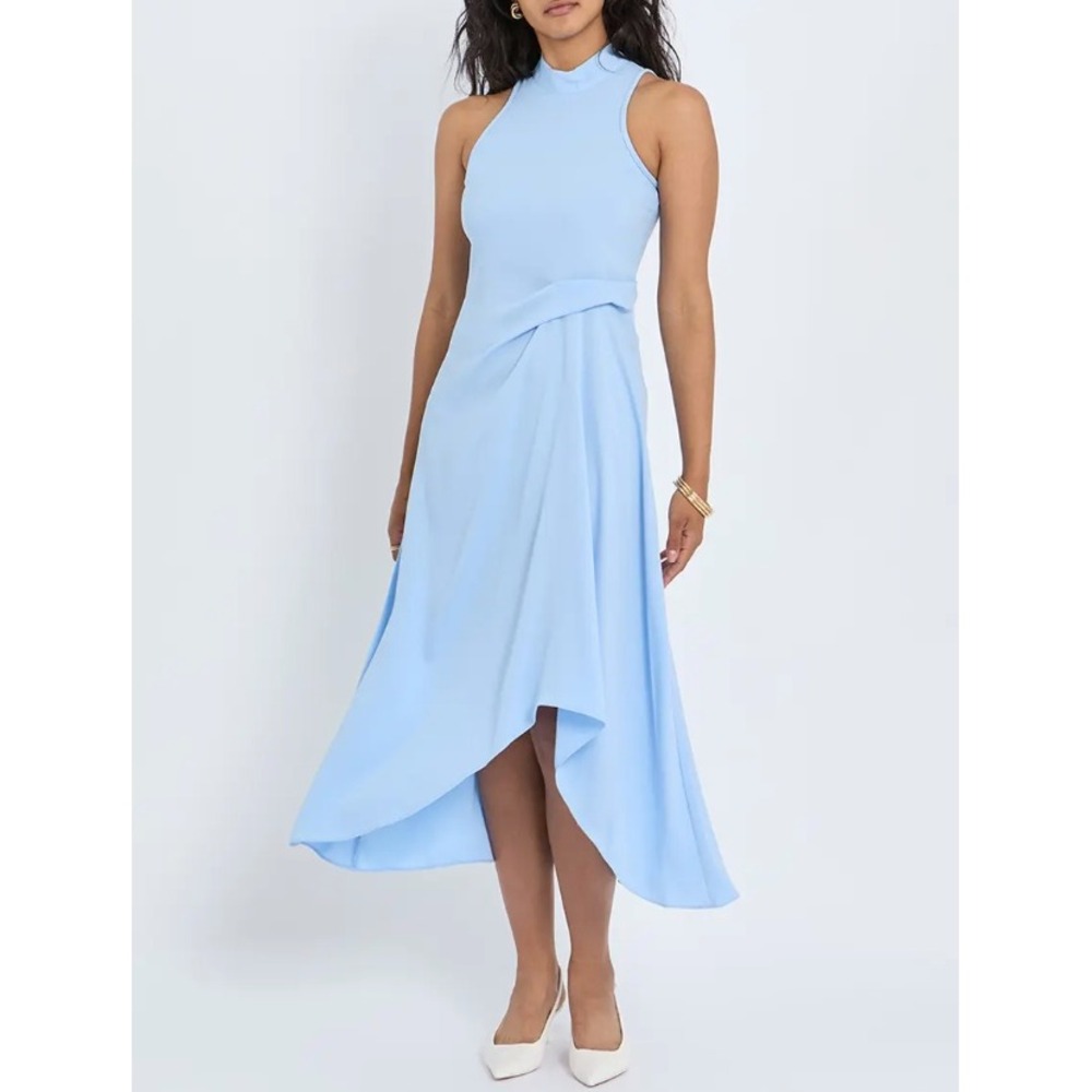 Reiss Light Blue Halter Neck Draped Midi Dress Size US 4 Tie Back